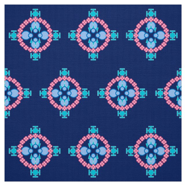 Four point Mandala, Indigo Blue, Turquoise & Pink Fabric (Swatch)