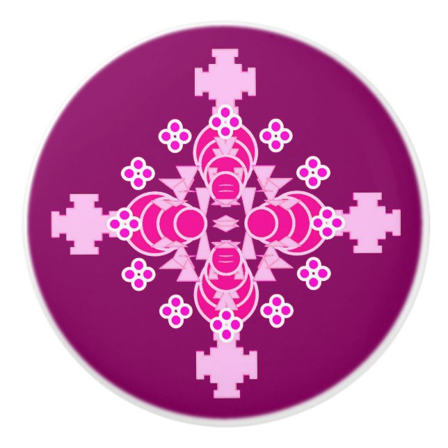 Four point Mandala Pattern - pale pink and plum Ceramic Knob (Front)