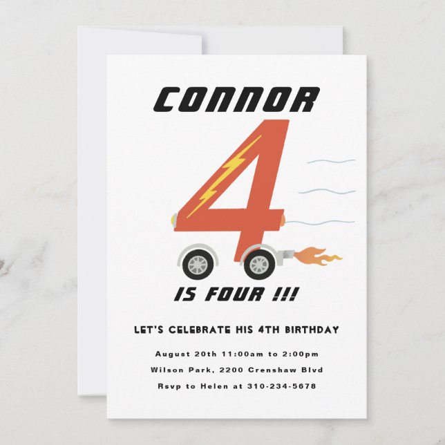 Four Race Car Fourth Birthday Party Invitation (Front)