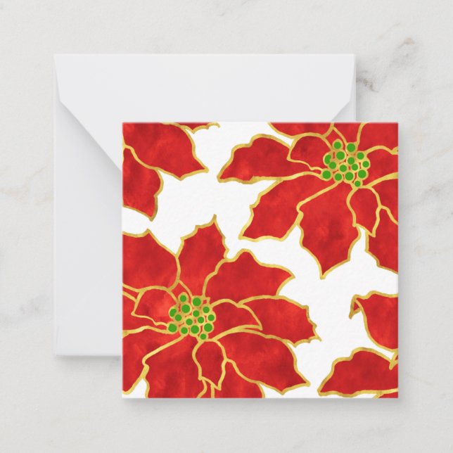 Four Red Gold Watercolor Poinsettias   Note Card (Front)
