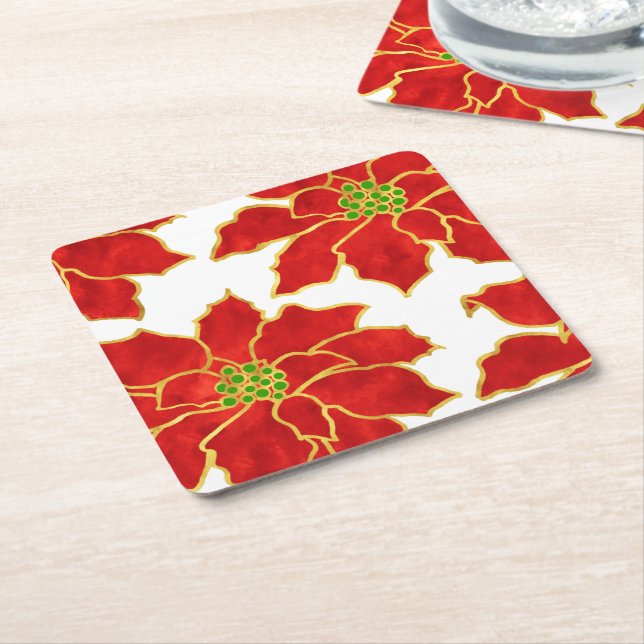 Four Red Gold Watercolor Poinsettias   Square Paper Coaster (Angled)