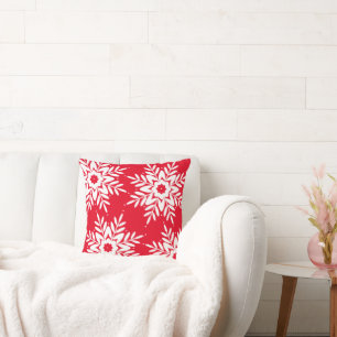 Four Red White Snowflakes Cushion