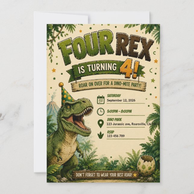 Four Rex Dinosaur 4th Birthday Invitation  (Front)