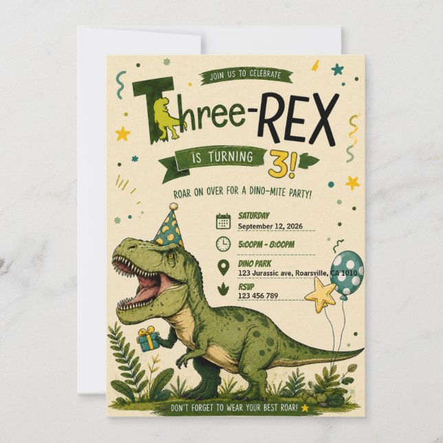Four Rex Dinosaur 4th Birthday Invitation  (Front)