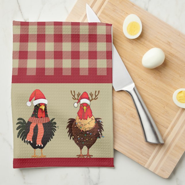 Four Santa Chickens - Red and Tan Lumberjack Plaid Tea Towel (Quarter Fold)