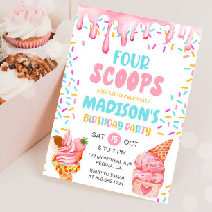 Four Scoops Girls Ice Cream 4th Birthday  Invitation
