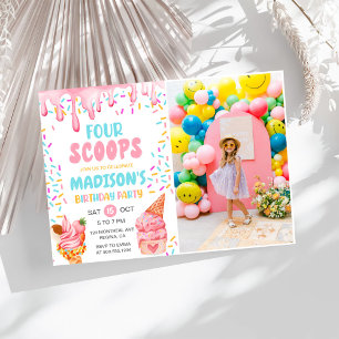 Four Scoops Girls Ice Cream 4th Birthday  Invitation