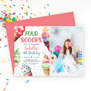 Four Scoops Girls Ice Cream 4th Birthday Invitation