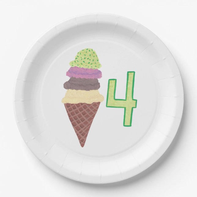 Four Scoops Ice Cream Cone Birthday Paper Plates (Front)