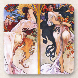 Four Seasons by Alfons Mucha Art Deco Nouveau Coaster