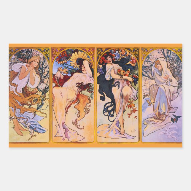 Four Seasons by Alfons Mucha Art Deco Nouveau Rectangular Sticker (Front)