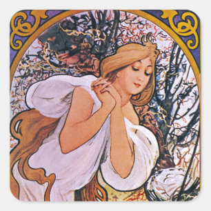 Four Seasons by Alfons Mucha Art Deco Nouveau Square Sticker