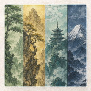 Four Seasons Mountain Japanese Ink Landscape Glass Coaster