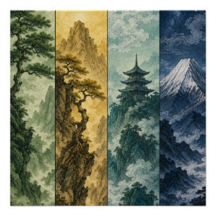 Four Seasons Mountain Japanese Ink Landscape Poster