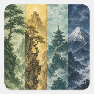 Four Seasons Mountain Japanese Ink Landscape Square Sticker