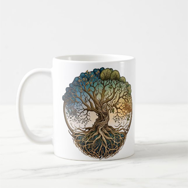 Four Seasons Tree of Life Fantasy Celtic Knot Tree Coffee Mug (Left)