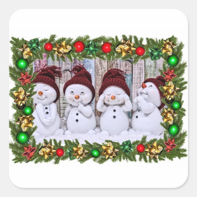 Four smiling toy snowmen square sticker (Front)