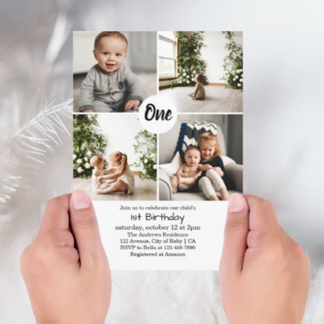 Four Square Photos Collage 1st Birthday Invitation (Creator Uploaded)