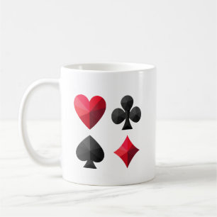 Four suits of playing cards: hearts, clubs, spades coffee mug