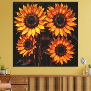 Four Sunflowers on a Dark Background Canvas Print