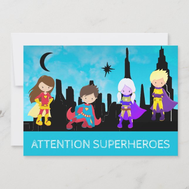 *~* Four SUPERHEROS Children Birthday Party Invitation (Front)