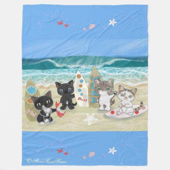 Four Surfing cats on the beach Fleece Blanket (Front)
