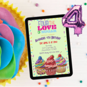 Four the Love of Sugar, Cupcake 4th Birthday Invitation