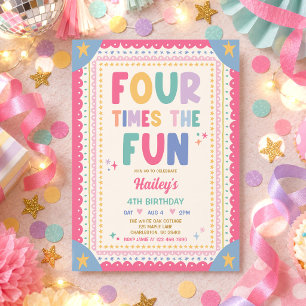 Four Times The Fun Whimsical Girl 4th Birthday Invitation