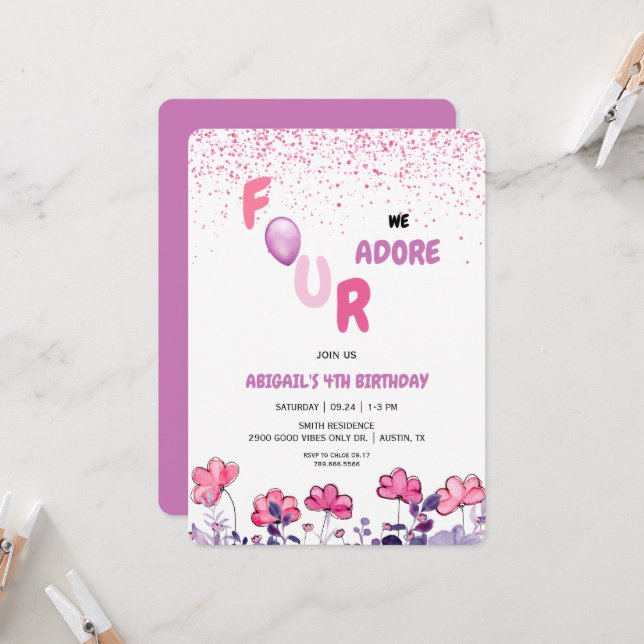 Four We Adore Glitter 4th Pink Birthday Party  Invitation (Front/Back In Situ)