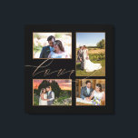 Four Wedding Photos Collage Love Script Black Canvas Print<br><div class="desc">Display happy memories from your wedding day in your home with this 4 photo collage, wherein you can easily swap in your own four favourite pictures. The word Love overlaps the pictures slightly and is set in elegant gold script.The black background colour can be changed to a different colour if...</div>