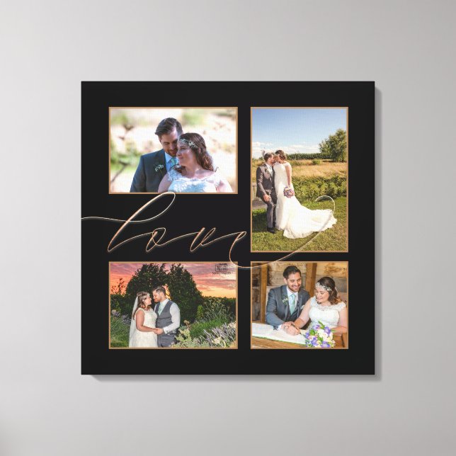 Four Wedding Photos Collage Love Script Black Canvas Print (Front)
