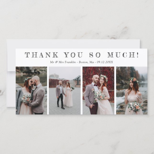 Four Wedding Photos Sketched Font Thank You Card (Front)