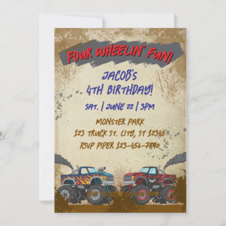 Four Wheelin' Fun Monster Truck Birthday  Invitation