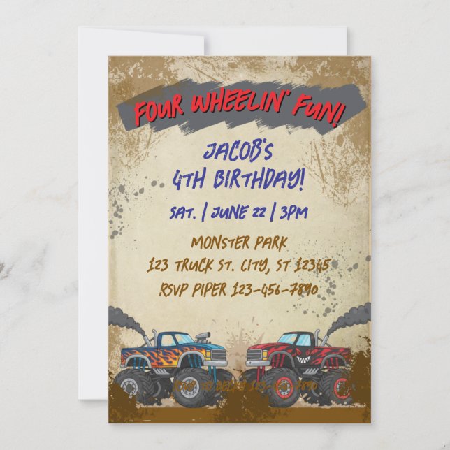 Four Wheelin' Fun Monster Truck Birthday  Invitation (Front)