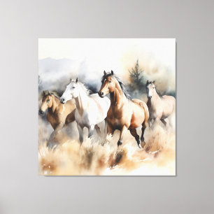 “Four Wild Mustangs” Dusty Western Watercolour Canvas Print