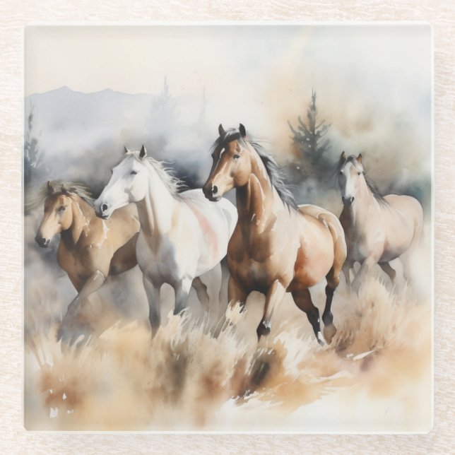 “Four Wild Mustangs” Dusty Western Watercolour Glass Coaster (Front)