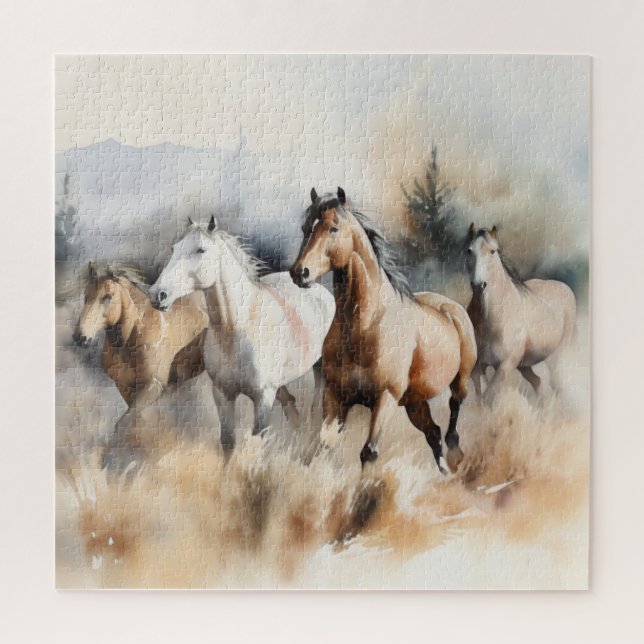 “Four Wild Mustangs” Dusty Western Watercolour Jigsaw Puzzle (Vertical)