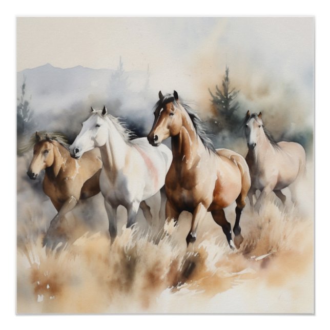 “Four Wild Mustangs” Dusty Western Watercolour Poster (Front)