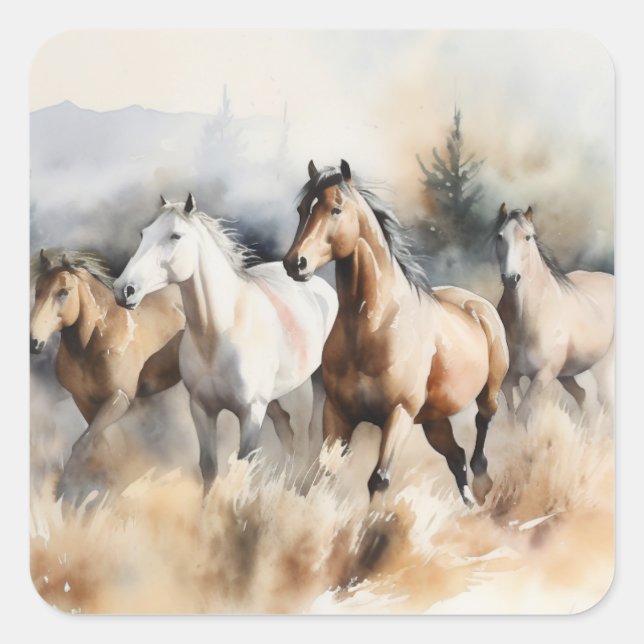 “Four Wild Mustangs” Dusty Western Watercolour Square Sticker (Front)