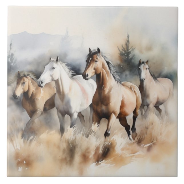 “Four Wild Mustangs” Dusty Western Watercolour Tile (Front)