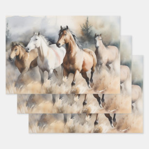 “Four Wild Mustangs” Dusty Western Watercolour Wrapping Paper Sheet