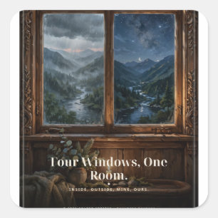 "Four Windows, One Room" Window View Tee Square Sticker