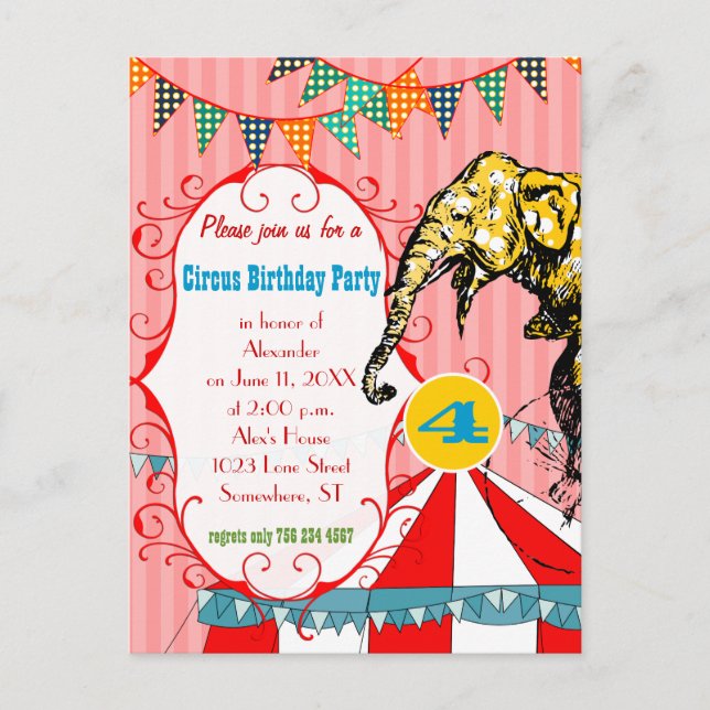 Four Year Old Circus Tent Elephant BirthdayParty Invitation Postcard (Front)