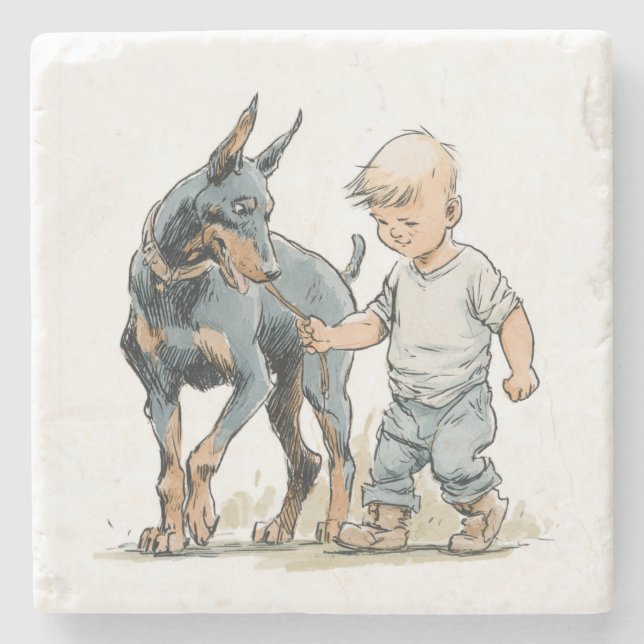 Four Year Old & Doberman | Vintage Pencil  Stone Coaster (Front)