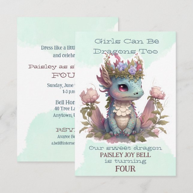 Four Year Old Girl Dragon Invitation (Front/Back)