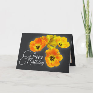 Four Yellow Orange Tulips Grey Background Birthday Card