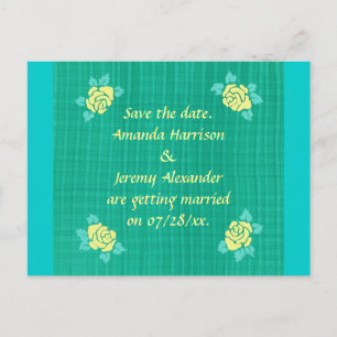 Four Yellow Roses Green Teal Plaid Save the date Announcement Postcard