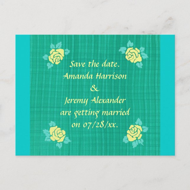 Four Yellow Roses Green Teal Plaid Save the date Announcement Postcard (Front)