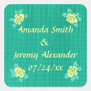 Four Yellow Roses Green Teal Plaid Save the Date Square Sticker