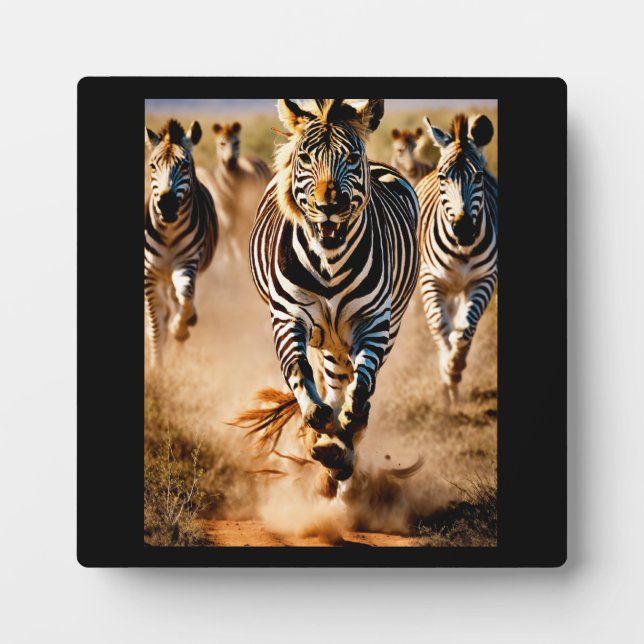 Four Zebras Running Across the Savanna While a  Plaque (Front)